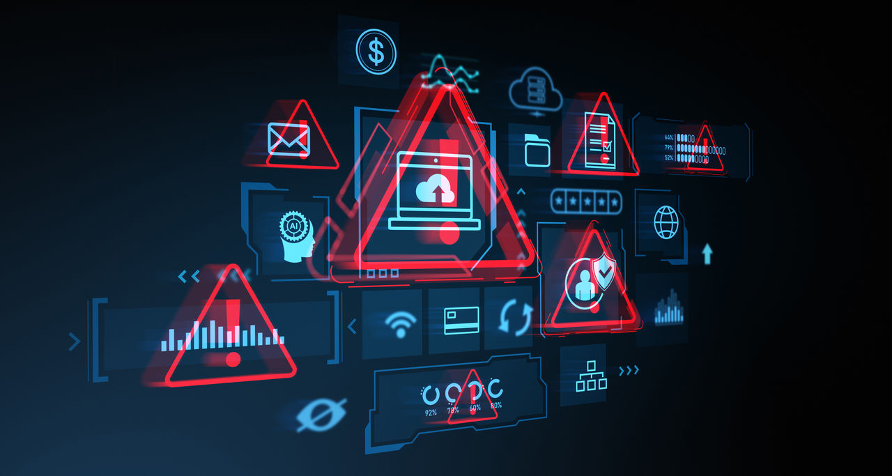Security threat and data breach, warning and padlock signs. Digital information, cloud storage and transfer. Server with global database and cybersecurity. 3D rendering illustration
