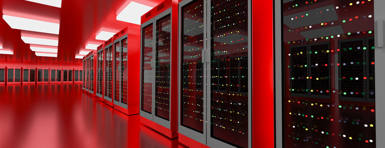 Server racks in server room cloud data center. Datacenter hardware cluster. Backup, hosting, mainframe, mining, farm and computer rack with storage information. 3D rendering. 3D illustration
