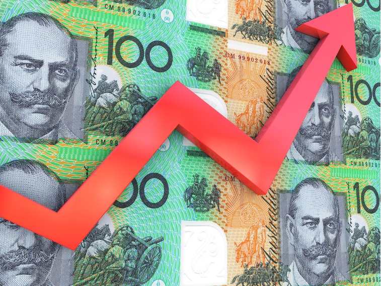 $100 Australian bills with an ascending red arrow