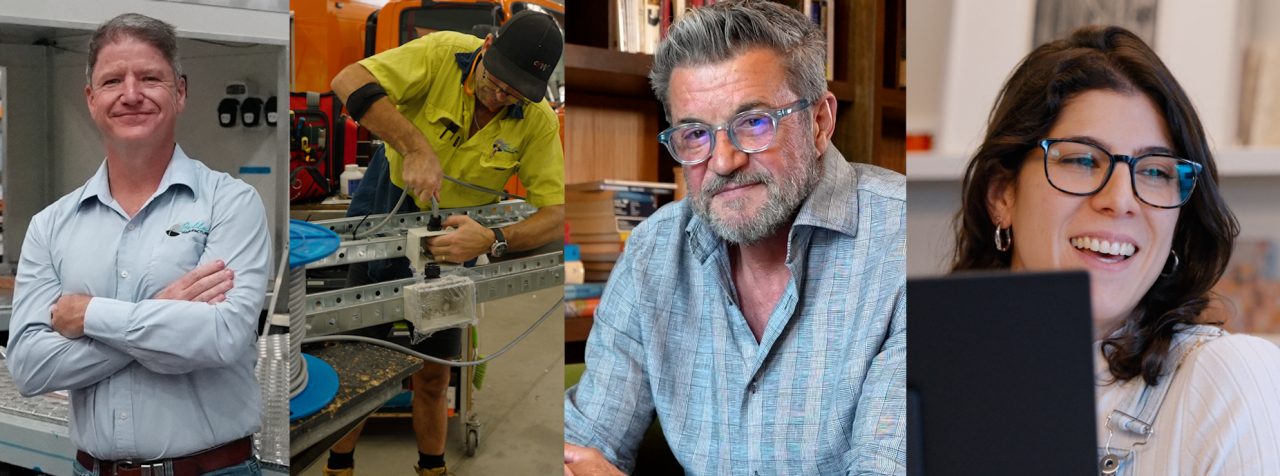 Four people shown in different work settings, including workshops, a home office, and working on a laptop.
